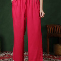 Pink Rayon Calf Length Solid 3/4 Sleeves Round Neck Straight Kurta Suit Set