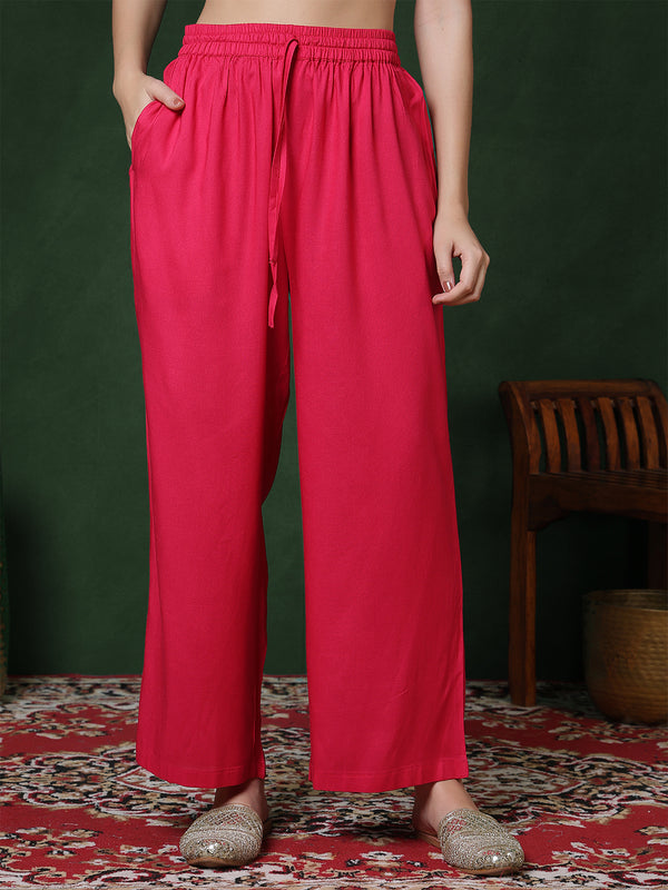 Pink Rayon Calf Length Solid 3/4 Sleeves Round Neck Straight Kurta Suit Set