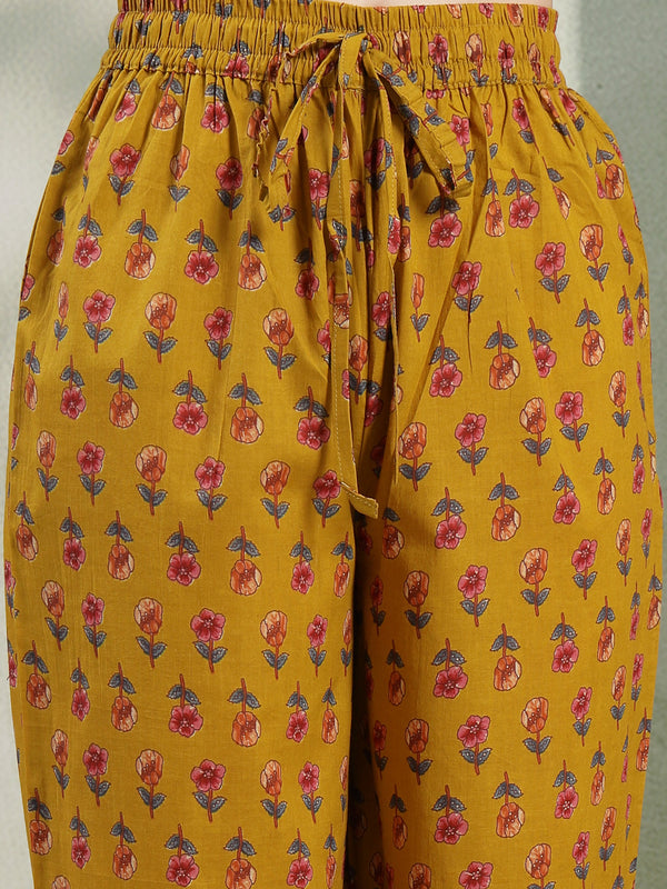 Cotton Calf Length Printed 3/4 Sleeves V-Neck Flared Kurta Suit Set