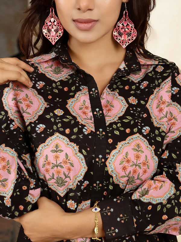 Black Cotton Hip Length Printed Shirt Coller Asymmetric Kurta Pant Set