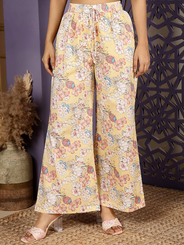 Lime Cotton Hip Length Printed Round Neck Straight Kurta Palazzo Set