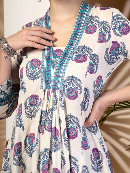 Blue Cotton Calf Length Printed V-Neck Anarkali Kurta Suit Set