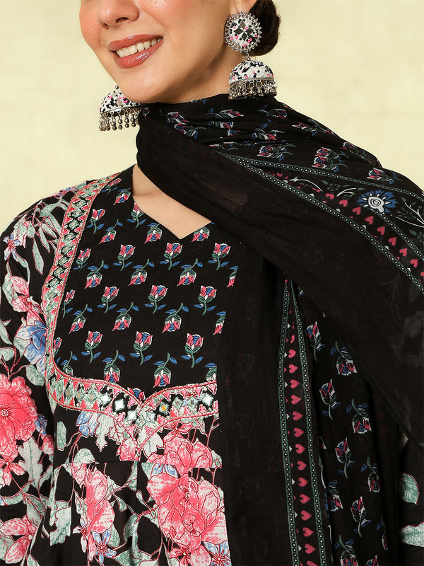 Black Pure Cotton Printed Embroidered Anarkali Kurta Suit Set