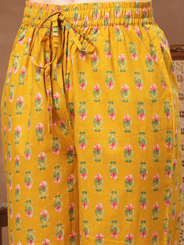 Cotton Calf Length Printed 3/4 Sleeves V-Neck Flared Kurta Suit Set