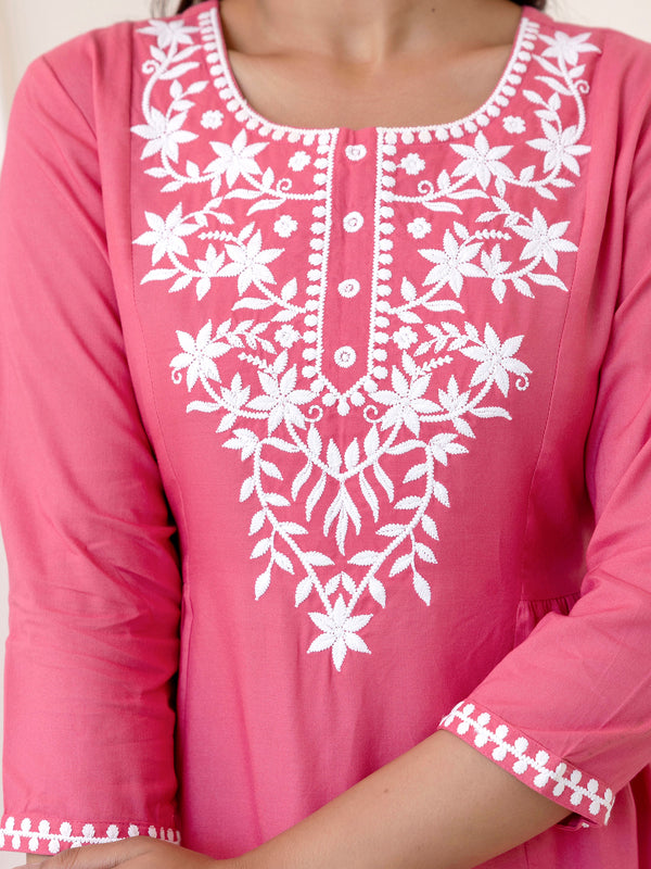 Pink Rayon Hip Length Solid Round Neck Solid Embroidered Straight Top