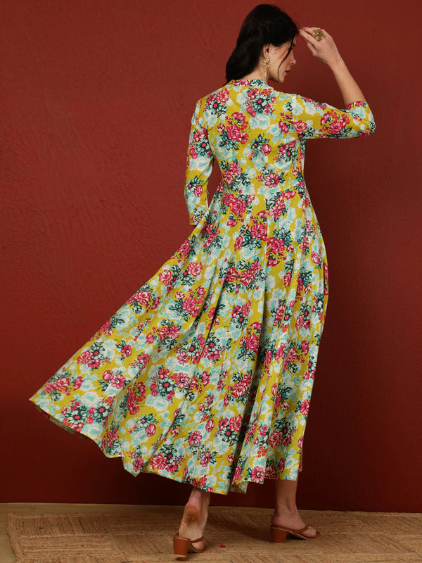 Cotton Calf Length Printed Flared 3/4 Sleeves Mandarin Kurta