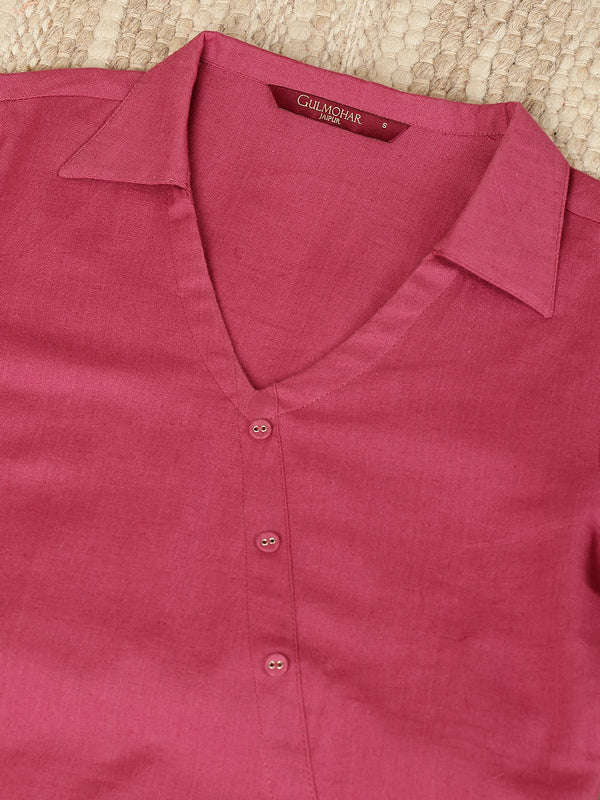 Magenta Cotton Flex Short/Hip Length Solid Shirt Coller Asymmetrical Top