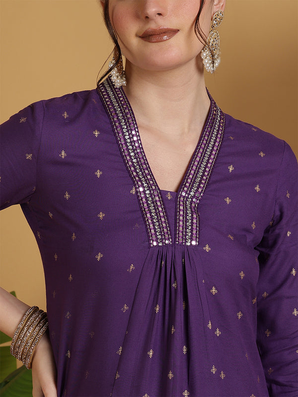 Rayon Calf Length Solid Semi-Flared V-Neck Kurta