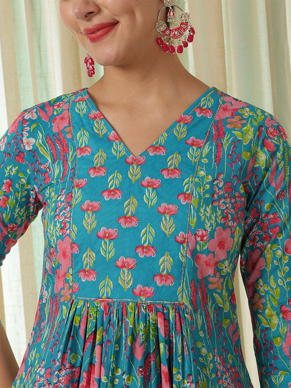 Blue Cotton Calf Length Printed V-Neck Semi-Flared Kurta Palazzo Set