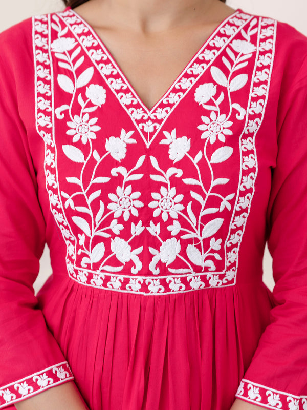 Pink Rayon Hip Length Solid V-Neck Solid Embroidered Semi-Flared Top