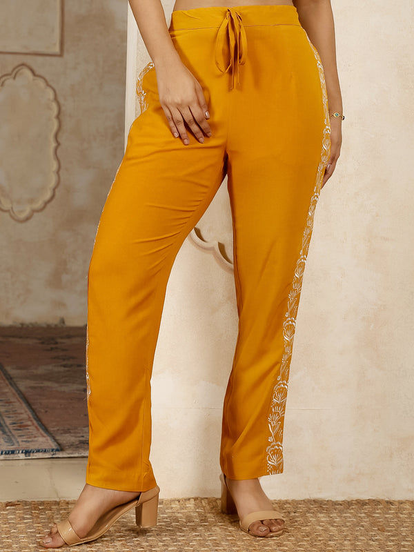 Mustard Rayon Hip Length Solid Round Straight 3/4 Sleeves Kurta Pant Set