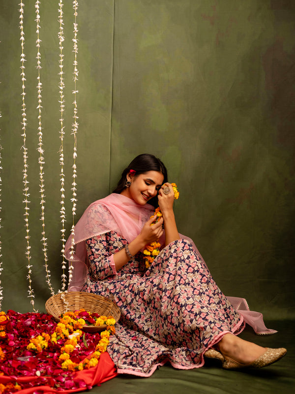 Navy Cotton Calf Length Printed Flared Angrakha Kurta Suit Set