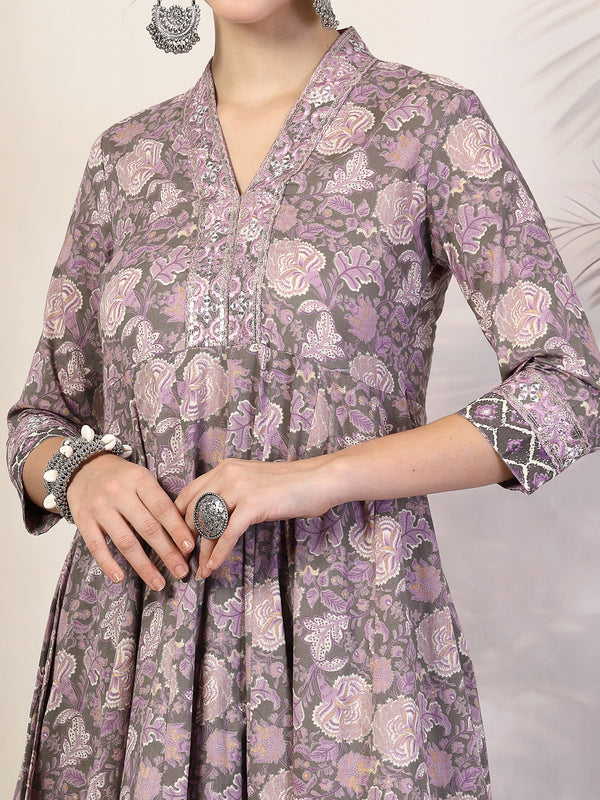 Purple Cotton Calf Length Printed V-Neck Flared Kurta Suit Set