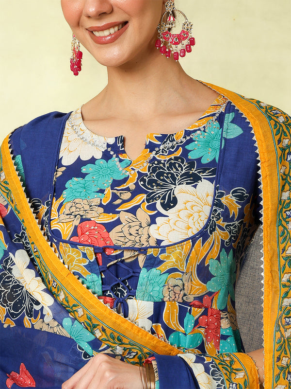 Blue Pure Cotton Printed Hand-Work Anarkali Kurta Suit Set
