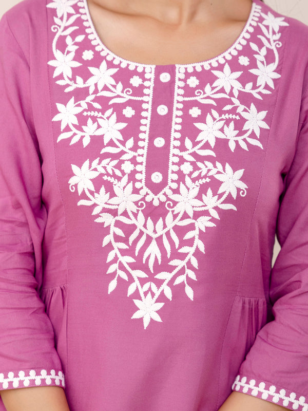 Lavender Rayon Hip Length Solid Round Neck Solid Embroidered Straight Top