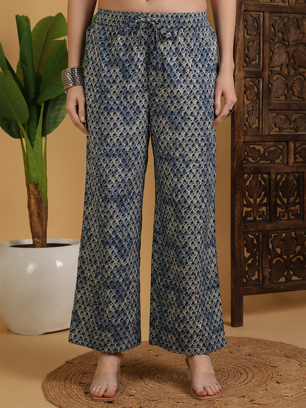 Indigo Cotton Calf Length Printed Flared V-Neck Kurta Suit Set