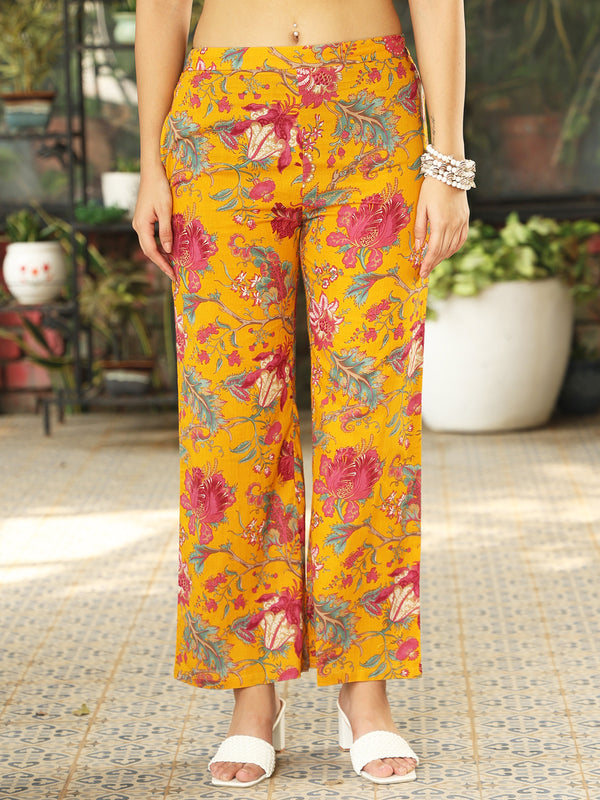 Mustard Cotton Calf Length Printed A-Line Mandarin Neck Kurta Palazzo Set