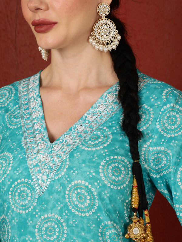 Cotton Calf Length Printed Straight 3/4 Sleeves V-Neck Kurta Bottom Dupatta Set