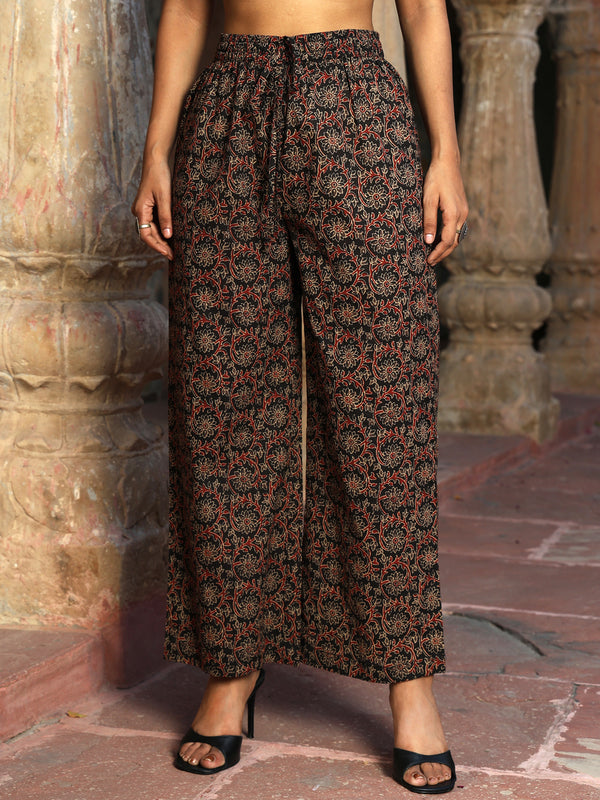 Black Cotton Calf Length Printed Mandarin Neck Anarkali Kurta Suit Set