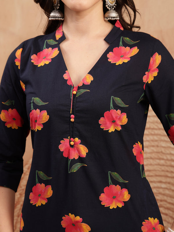 Gulmohar Jaipur Cotton Calf Length Printed 3/4 Sleeve V-Neck Straight Kurta