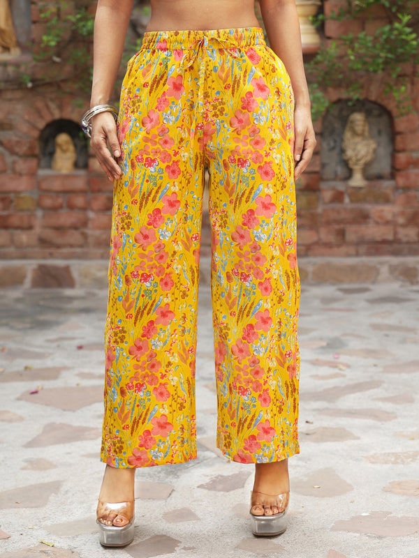 Yellow Cotton Hip Length Printed Straight Mandarin Neck Top Bottom Set