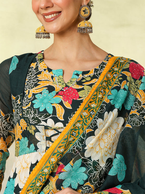Blue Pure Cotton Printed Hand-Work Anarkali Kurta Suit Set