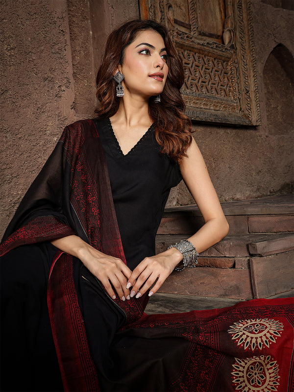 Gulmohar Jaipur Rayon Calf Length Solid Sleeveless V-Neck Straight Kurta Suit Set