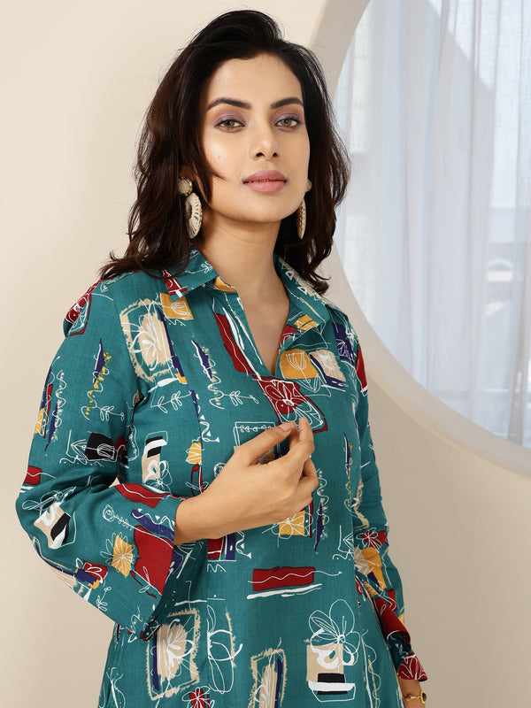 Green Rayon Hip Length Printed Shirt Coller Asymmetric Kurta Pant Set