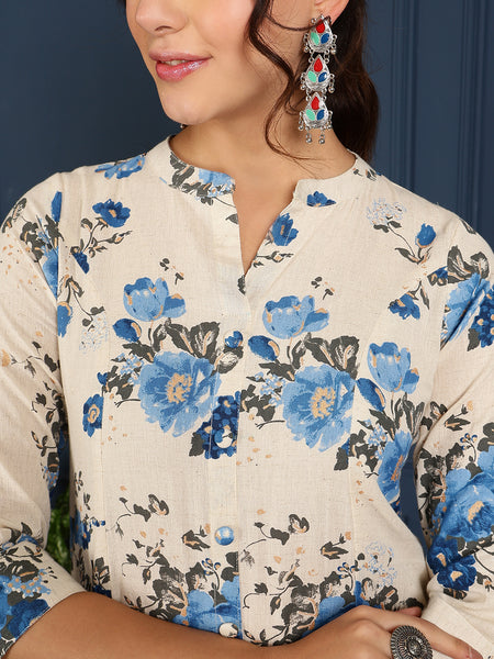 Blue Cotton Flex Calf Length Printed Mandarin  A-Line Coller Kurta