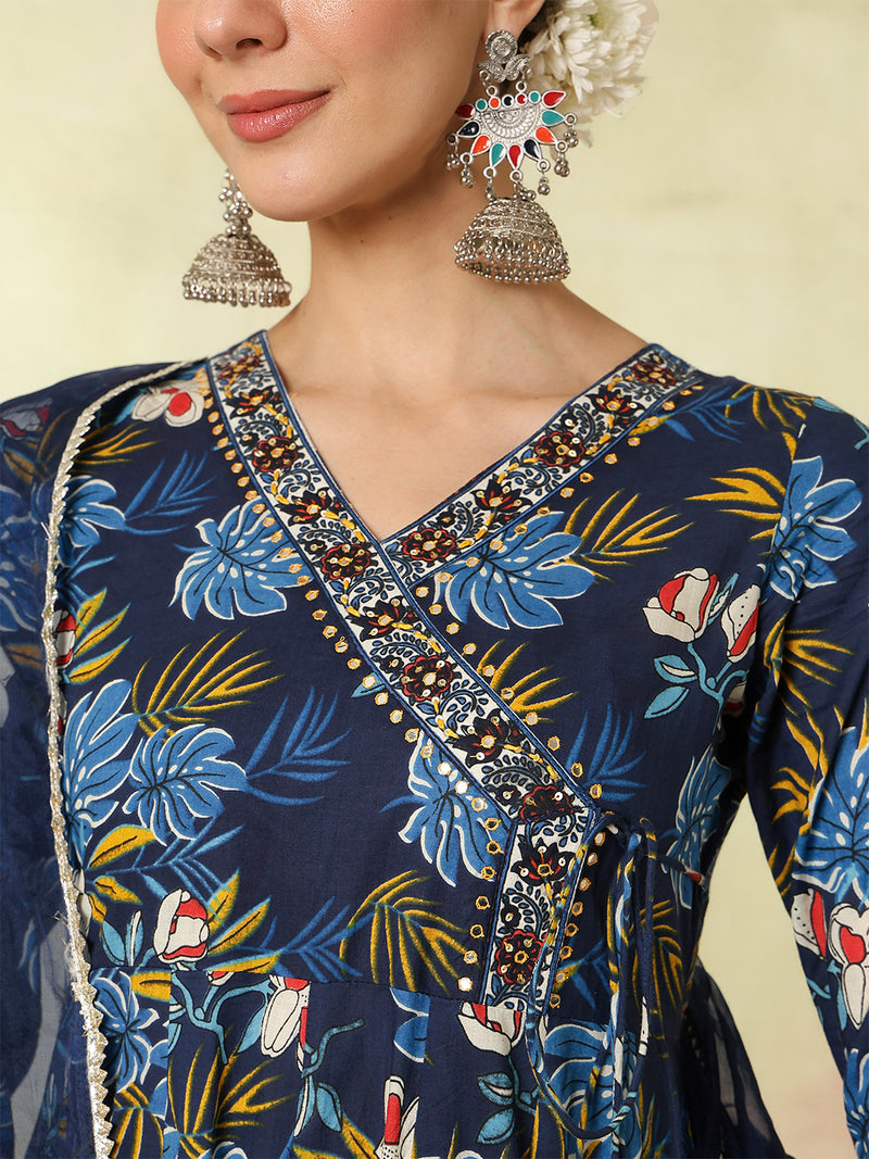 Black Pure Cotton Printed hand-Work Anarkali Kurta Suit Set