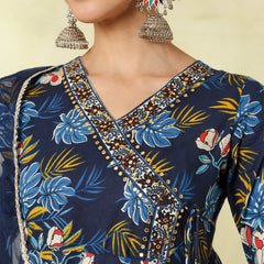 Black Pure Cotton Printed hand-Work Anarkali Kurta Suit Set
