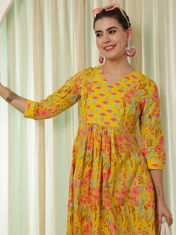 Yellow Cotton Calf Length Printed V-Neck Semi-Flared Kurta Palazzo Set