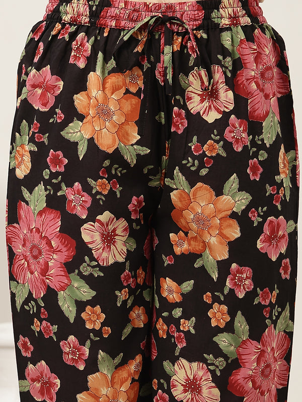 Cotton Calf Length Printed Full Sleeve V-Neck Flared Kurta Suit Set