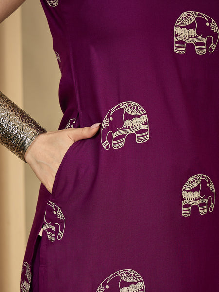 Gulmohar Jaipur Rayon Calf Length Printed Sleeveless V-Neck Straight Kurta Suit Set