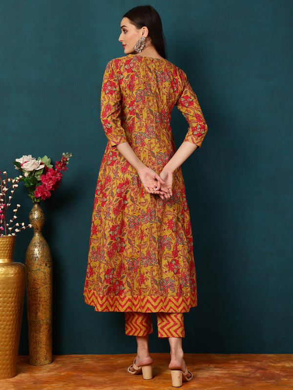 Cotton  Calf length Length Floral  Semi-Flared 3/4 Sleeves V  Kurta Bottom Dupatta Set
