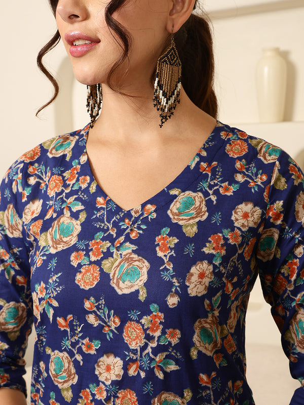 Blue Cotton Calf Length Printed V-Neck Straight Kurta