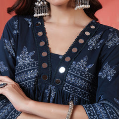 Navy Rayon Calf Length Printed 3/4 Sleeves V-Neck Semi-Flared Kurta Suit Set