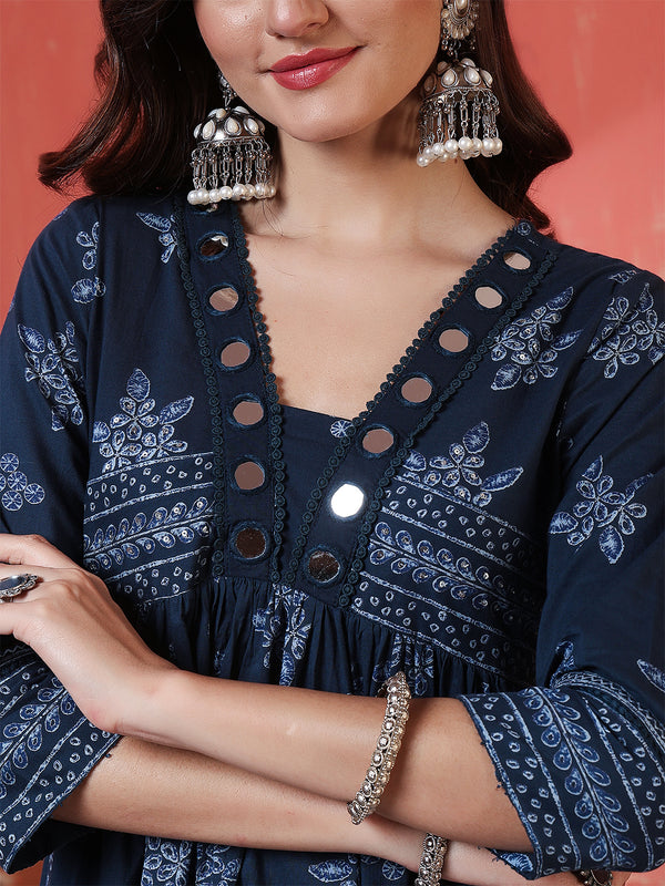 Navy Rayon Calf Length Printed 3/4 Sleeves V-Neck Semi-Flared Kurta Suit Set