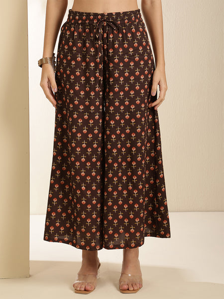 Brown Rayon Printed Sleeveless Round Neck Asymmetrical Kurta Bottom Set