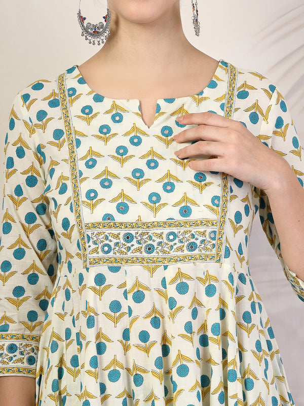 Rama Cotton Calf Length Printed Round Neck Anarkali Kurta Suit Set