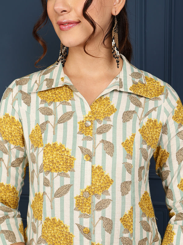 Mustard Cotton Flex Calf Length Printed Shirt Coller Straight Kurta