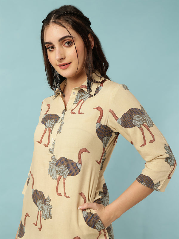 Rayon Calf Length Printed Straight 3/4 Sleeves Shirt Collar Kurta