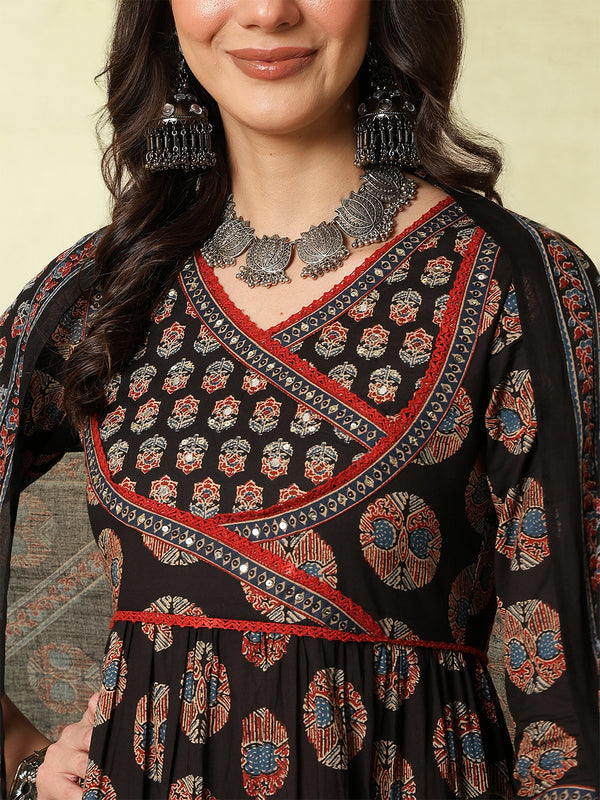 Black Cotton Calf Length Printed Flared V-Neck Kurta Suit Set