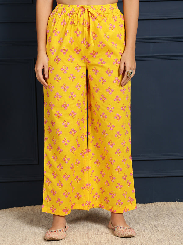 Yellow Cotton Calf Length Printed V-Neck Flared Kurta Suit Set