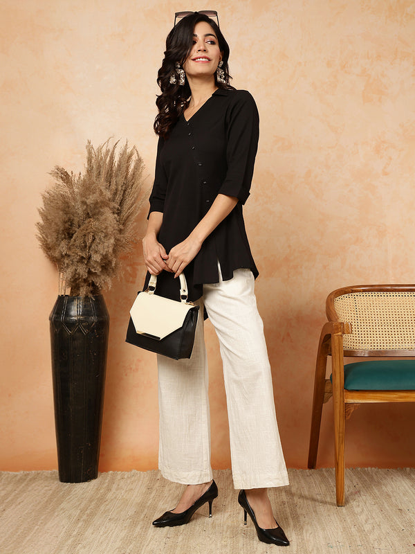 Black Cotton Flex Short/Hip Length Solid Shirt Coller Asymmetrical Top