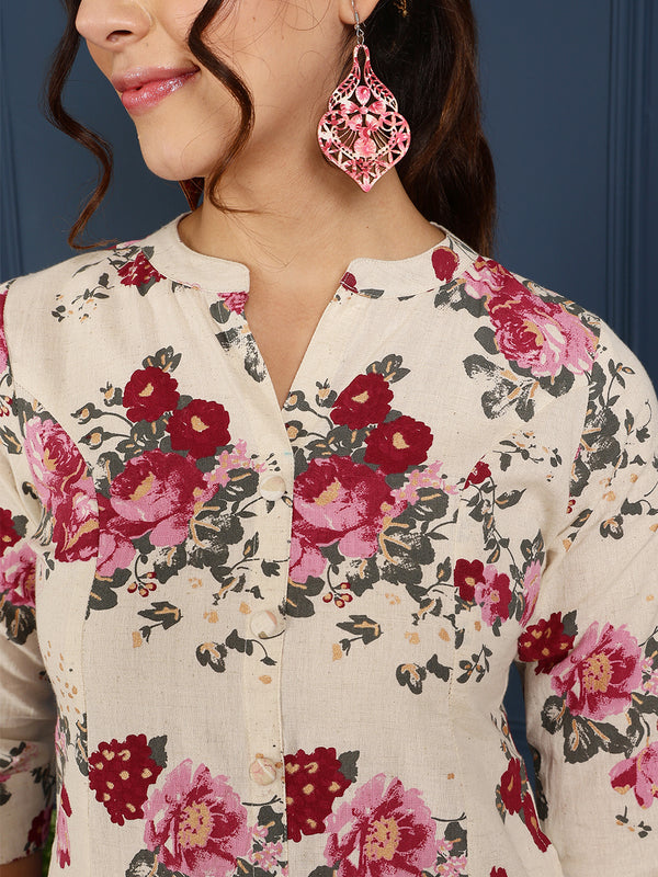 Pink Cotton Flex Calf Length Printed Mandarin  A-Line Coller Kurta