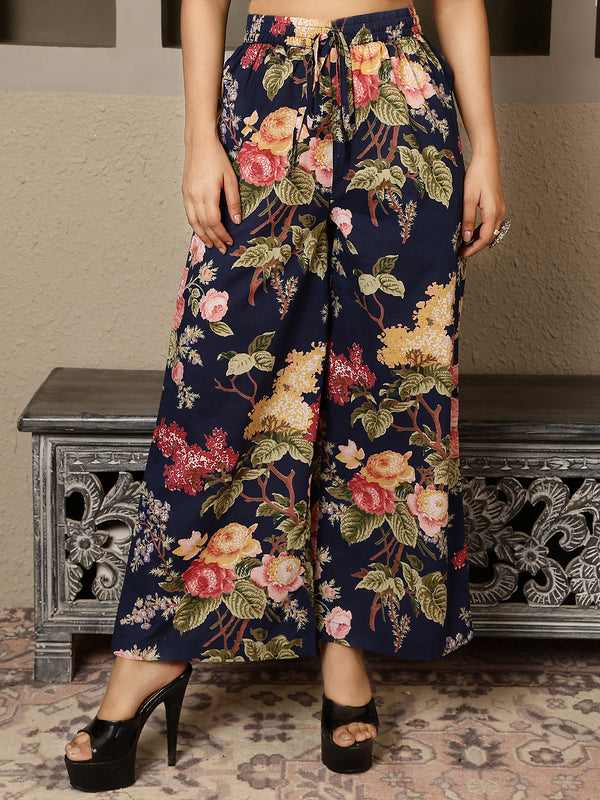 Navy Cotton Calf Length Printed V-Neck Anarkali Kurta Suit Set