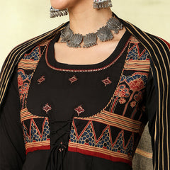 Black Pure Cotton Printed Embroidered Anarkali Kurta Suit Set