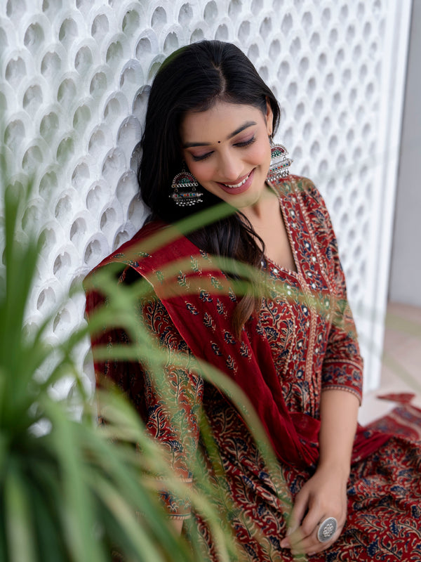 Maroon Cotton Calf Length Printed V-Neck Anarkali Kurta Suit Set