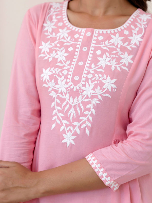 Light Pink Rayon Hip Length Solid Round Neck Solid Embroidered Straight Top
